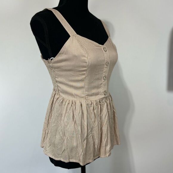 New Japna Gingham Peplum Sleeveless Top Size S Women’s Cream and Tan - Picture 1 of 13